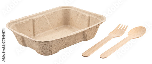 Biodegradable food container wooden cutlery set with eco friendly paper pulp takeout box and disposable spoon and fork isolated on black background for sustainable catering and zero waste packaging.