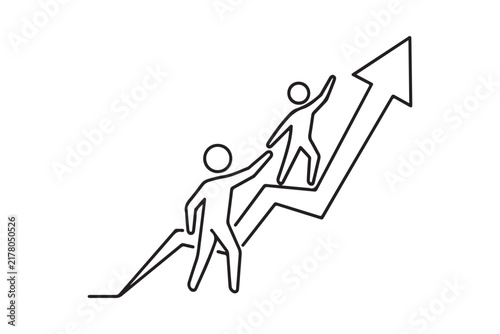 Outline vector illustration of stick figures helping each other climb a growth chart arrow