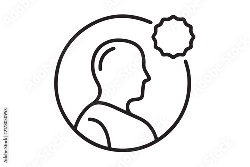 Outline vector icon of a human profile head inside a circle with a star badge silhouette achievement