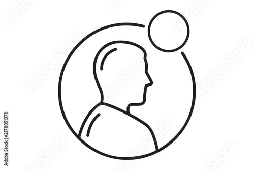 Outline vector icon of a human profile head inside a circle with a star badge silhouette achievement