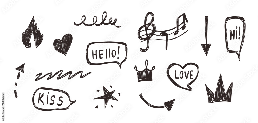 Fototapeta premium Hand drawn doodle elemens set with arrow, speech bubble, heart and crown. Simple line art in black color
