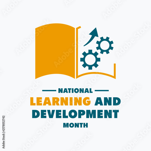 National Learning and Development Month vector illustration with open book, gears, and growth arrow icon for educational background, banner, poster, and card design.