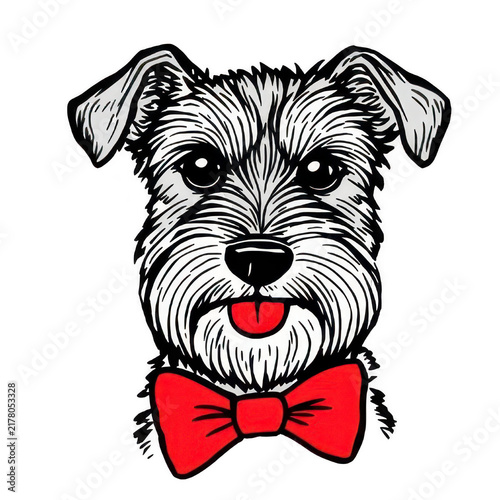 Illustrated scruffy dog portrait with a red bowtie on white background