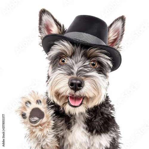 Scruffy terrier dog wearing a black fedora hat waving its paw