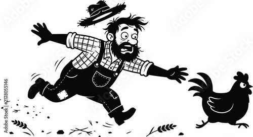 Farmer Running After Chicken Cartoon