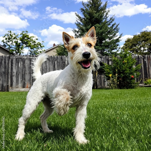 Happy scruffy terrier mix dog playing in a sunny green backyard