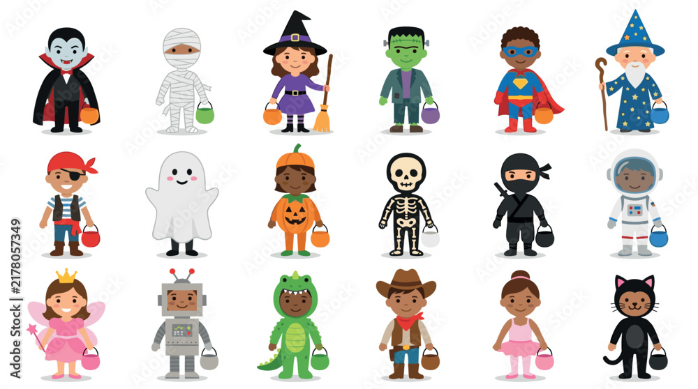 Fototapeta premium Cute kids in Halloween costumes vector illustration set featuring children dressed up for trick or treating