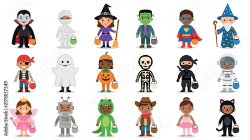 Foto Cute kids in Halloween costumes vector illustration set featuring children dress