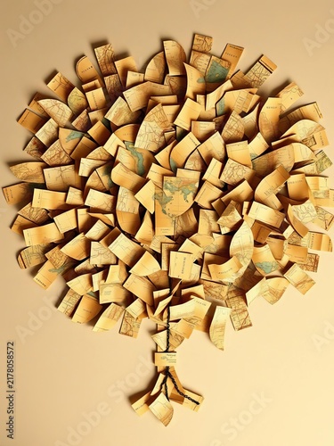 Overhead view of carefully arranged, faded antique map fragments forming a tree-like structure, imbued with a sense of discovery,  art,  geography