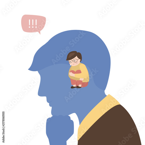 Man looks lost in deep thought, while crying boy sits inside head, symbolizing an inner child grappling with hidden trauma, sadness, and vulnerability. Mental health journey.