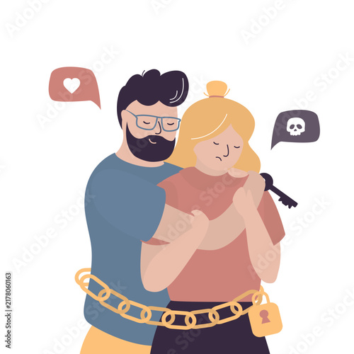 Man holds woman in restrictive embrace, with chains and padlock suggesting entrapment and emotional abuse. Sad expression, toxic relationship, negative emotions.