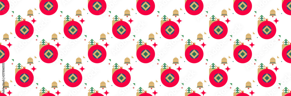 Fototapeta premium Seamless christmas pattern with geometric red ornaments bells and stylized pine trees. Festive holiday background.