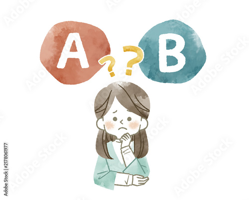 AとBの選択肢を比較をしている困った表情の女性-水彩