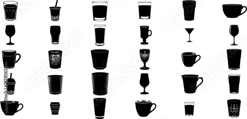 Set of various drinkware silhouettes including cups and glasses isolated on transparent background Collection