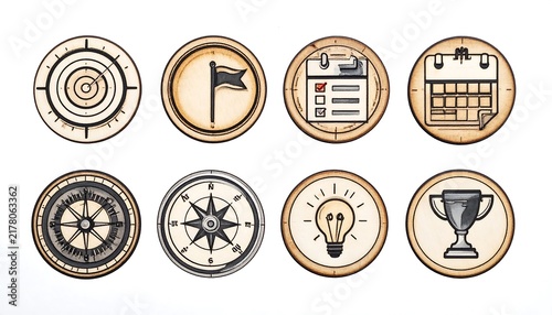 Minimalist circular icons collection on beige background.