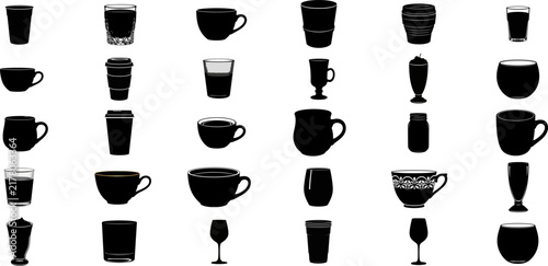 Vector collection of various drinkware cups mugs and glasses standing on transparent background