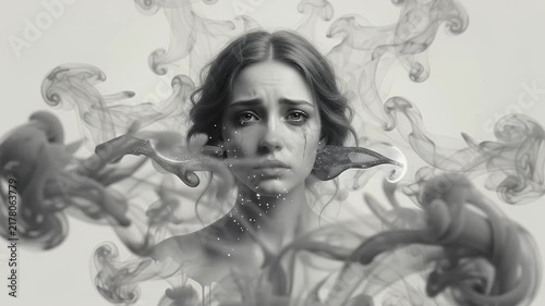 Sad woman portrait with abstract flowing smoke animation