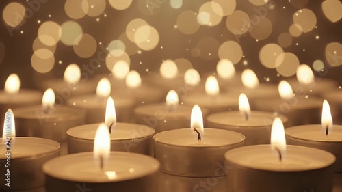 Burning tea light candles with golden bokeh background