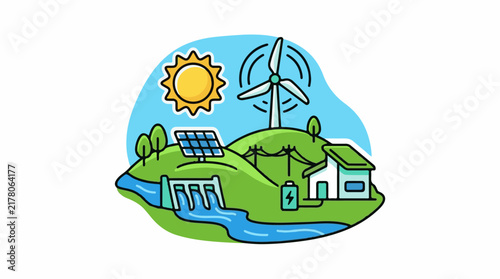 Sustainable energy sources power a community with a house