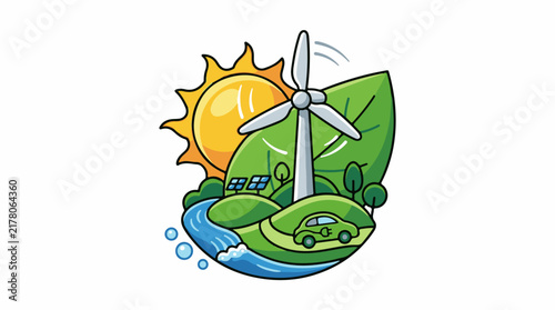 Sustainable energy sources power a green landscape with an electric car