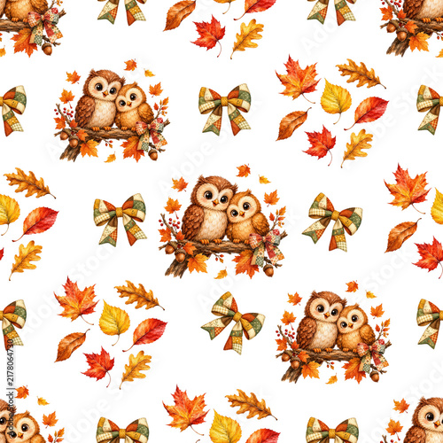 Cute owl couple and autumn leaves pattern on white background, hand-drawn illustration style.