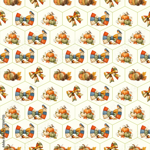A seamless, festive pattern features charming autumn motifs: bountiful pumpkins, colorful bows, and dried leaves, all arranged within a honeycomb design on a cream background.