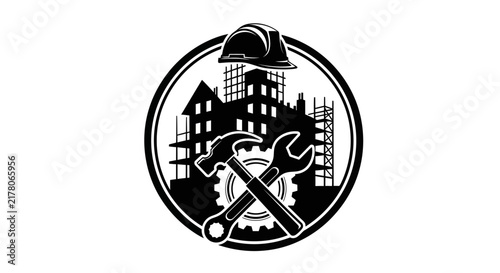 Construction logo with hard hat tools with black white construction crossed hammer wrench logo with logo with architecture, engineering