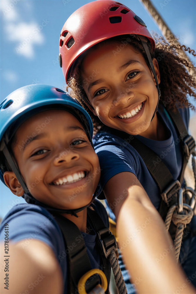Fototapeta premium African American children take selfies at an amusement park against a blue sky.