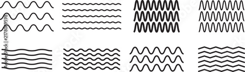 Wave Patterns and Wavy Line Vector Icon Set, Black Line Outline Graphic Elements Collection Featuring Sine Waves, High Frequency Zigzag Lines, Ripple Water Patterns, Flowing Curved Lines, Signal
