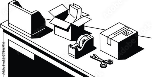 Shipping station vector line art with cardboard boxes tape and scissors
