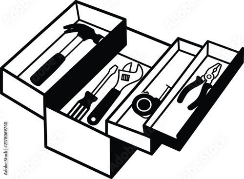 Open toolbox vector line art with hammer wrench and pliers