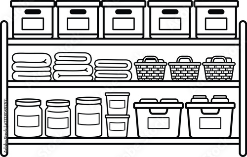Organized storage shelves vector line art with boxes baskets and jars