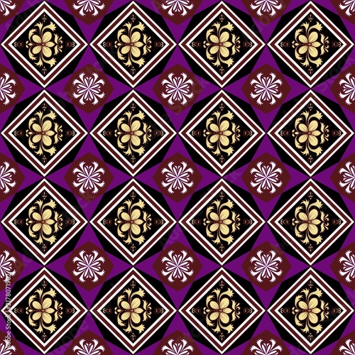 Seamless Luxury Geometric Damask Floral Pattern with Gold and White Flower Ornaments in Diamond Lattice on Deep Purple Background, Vector Illustration thai art pattern