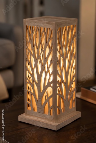 Decorative wooden lamp with intricate tree silhouette cutout design, casting a warm and ambient glow on a table