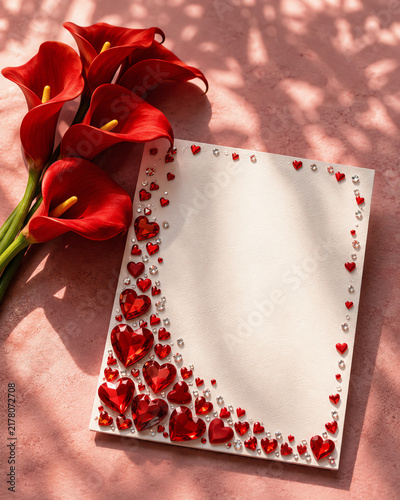 Blank Valentine's day greeting card decorated with red heart crystals next to red calla lilies on pink background