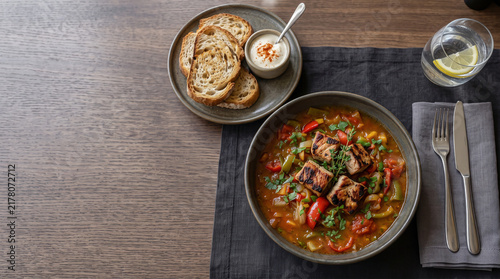 Serbian stew dish: Leskovacka Muckalica, on a table seen from above with copy space, ad image traditional East European food