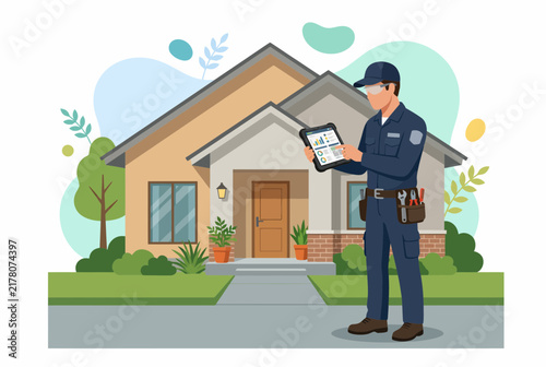 Professional HVAC Technician Using Tablet for Home System Inspection