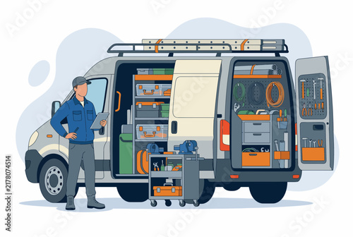 HVAC Technician with Service Van and Maintenance Tools Vector Illustration