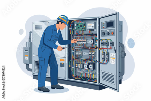Professional HVAC Technician Inspecting Industrial Electrical Panel