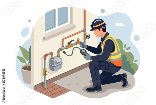 HVAC Technician Inspecting Residential Gas System and Meter