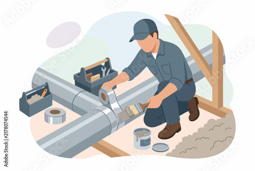 Home HVAC System Inspection and Air Duct Repair Vector Illustration