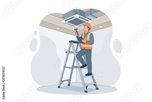 HVAC Technician Inspecting Home Air Conditioning System on Ladder