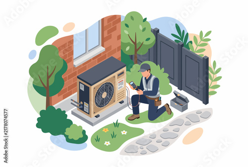 Isometric HVAC Technician Repairing Outdoor Home Air Conditioning