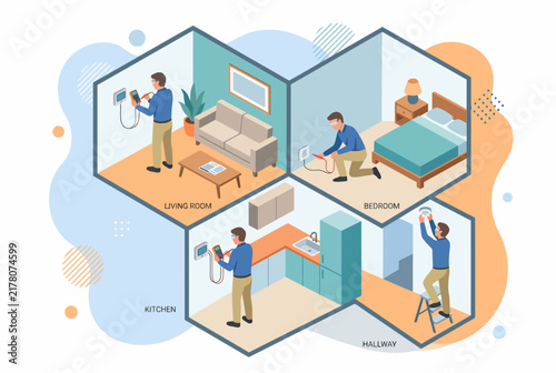 Isometric Residential HVAC and Electrical System Inspection Vector