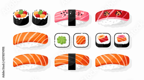 Japanese Sushi Assortment: Nigiri, Maki Rolls, and Sashimi on White Background - Delicious Asian Cuisine Illustration