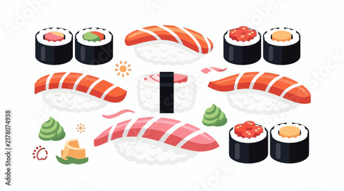 Japanese Sushi Set, Salmon Nigiri, Tuna Rolls, Wasabi, Ginger, Isolated on White Background, Delicious Food Illustration