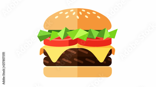 Juicy Hamburger Icon with Sesame Seed Bun and Fresh Toppings - Fast Food Graphic