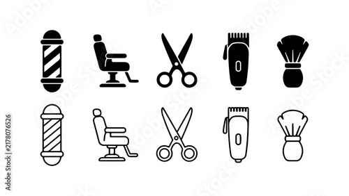 Barber Shop Icon Set in Silhouette and Outline Style