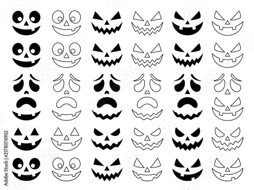 Halloween Pumpkin Face Expressions Set, Scary and Cute Jack-o'-lantern Icons