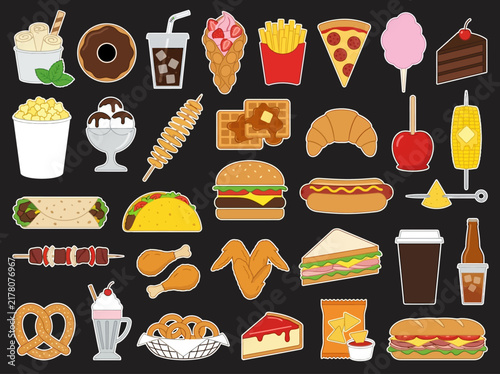 Fast Food and Street Food Sticker Icon Set - Burger, Pizza, Snacks, and Desserts Vector Illustration
